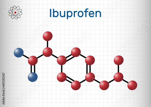 Ibuprofen molecule, is a nonsteroidal anti-inflammatory drug NSAID drug. Molecule model. Sheet of paper in a cage