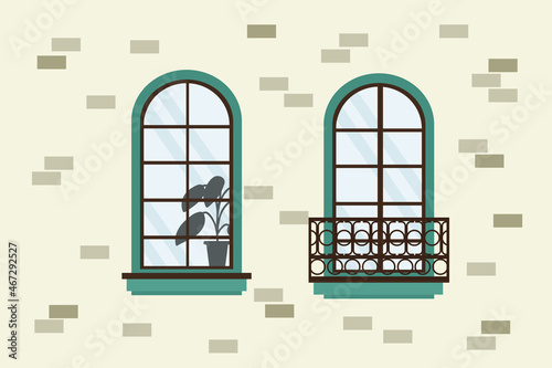 The city wall of the house with framed windows and glass. Illustration of exterior walls with windows and a flower. Cartoon architecture for design. Vector illustration