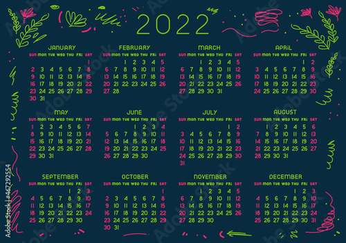 Vector isolated calendar 2022 on dark board. Colored month and days. Sunday to monday.