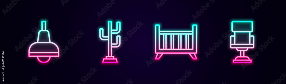 Set line Lamp hanging, Coat stand, Baby crib cradle bed and Office chair. Glowing neon icon. Vector Set line Lamp hanging, Coat stand, Baby crib cradle bed and Office chair. Glowing neon icon. Vector