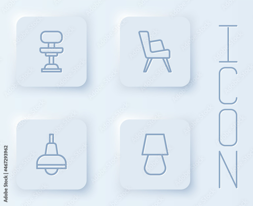 Set line Office chair, Armchair, Lamp hanging and Table lamp. White square button. Vector Set line Office chair, Armchair, Lamp hanging and Table lamp. White square button. Vector