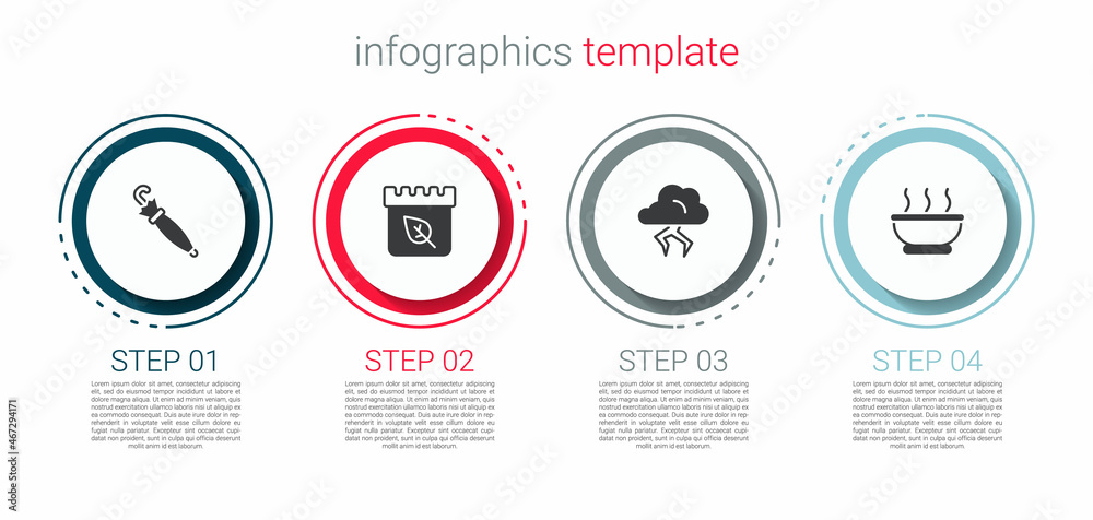 Set Umbrella, Calendar with autumn leaves, Storm and Bowl of hot soup. Business infographic template. Vector Set Umbrella, Calendar with autumn leaves, Storm and Bowl of hot soup. Business infographic template. Vector