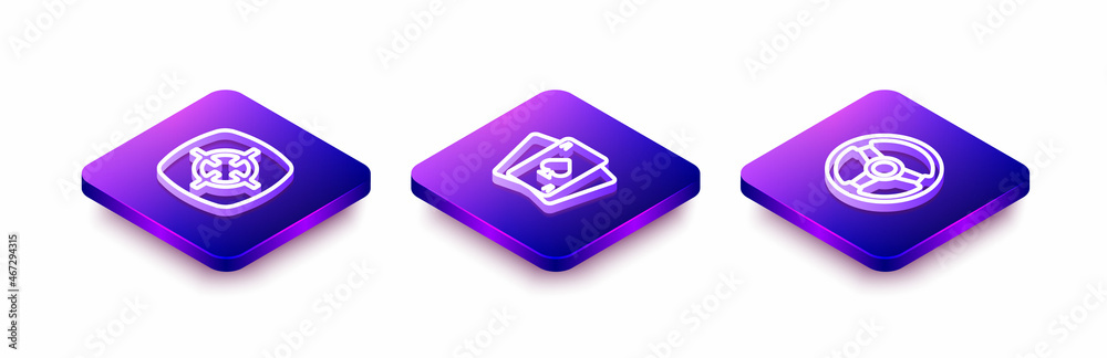 Set Isometric line Target sport, Playing cards and Racing simulator icon. Vector Set Isometric line Target sport, Playing cards and Racing simulator icon. Vector