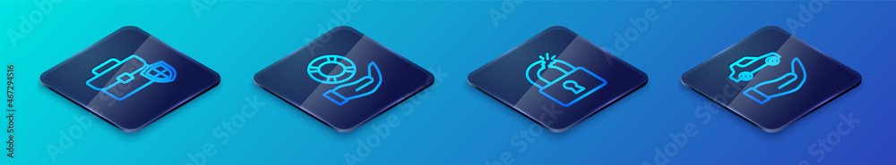 Set Isometric line Broken or cracked lock, Briefcase with shield, Car insurance and Lifebuoy hand icon. Vector Set Isometric line Broken or cracked lock, Briefcase with shield, Car insurance and Lifebuoy hand icon. Vector