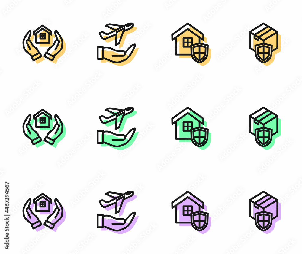 Set line House with shield, in hand, Plane and Delivery security icon. Vector Set line House with shield, in hand, Plane and Delivery security icon. Vector