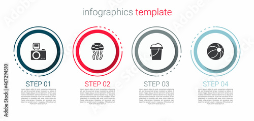 Set Photo camera with flash, Jellyfish, Sand in bucket and Beach ball. Business infographic template. Vector