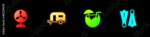 Set Electric fan, Rv Camping trailer, Coconut cocktail and Rubber flippers for swimming icon. Vector