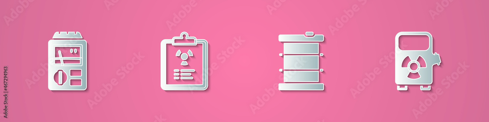 Set paper cut Dosimeter, Radiation warning document, Radioactive waste barrel and Electric car charging station icon. Paper art style. Vector Set paper cut Dosimeter, Radiation warning document, Radioactive waste barrel and Electric car charging station icon. Paper art style. Vector