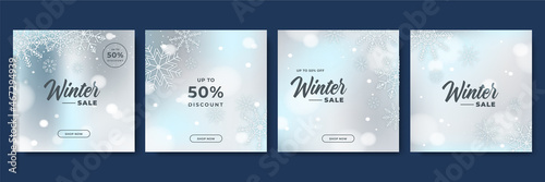 Winter christmas sale post square social media template. Winter sale banner with trees, ribbon, snowflakes and text. design of flyers with discount offers and special seasonal retail promotion. photo