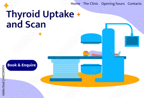 A patient is undergoing a thyroid scan (scintigraphy, SPECT). Vector  flat  illustration and template. 