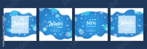 Winter christmas sale post square social media template. Winter sale banner with trees, ribbon, snowflakes and text. design of flyers with discount offers and special seasonal retail promotion.