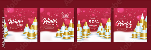 Winter christmas sale post square social media template. Winter sale banner with trees, ribbon, snowflakes and text. design of flyers with discount offers and special seasonal retail promotion.