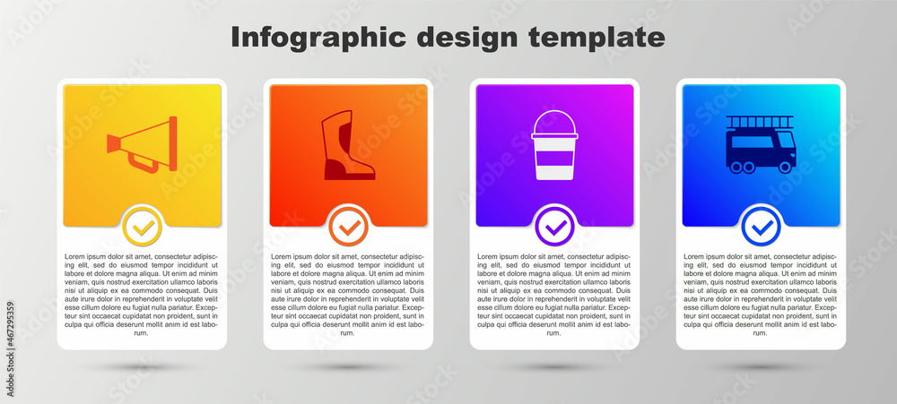 Set Megaphone, Fire boots, bucket and truck. Business infographic template. Vector Set Megaphone, Fire boots, bucket and truck. Business infographic template. Vector