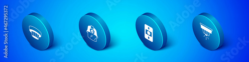 Set Isometric Smoke alarm system, Fire, and Firefighter helmet icon. Vector