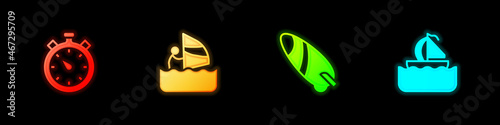 Set Stopwatch, Windsurfing, Surfboard and Yacht sailboat icon. Vector