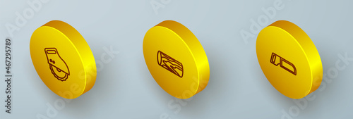 Set Isometric line Electric circular saw, Wooden log and Hacksaw icon. Vector