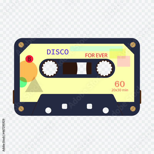 Music stereo cassette with recordings of 80s discos. Magnetic audio cassette.Flat vector illustration of audio recording