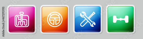 Set line Gear shifter, Steering wheel, Screwdriver and wrench spanner and Chassis car. Colorful square button. Vector