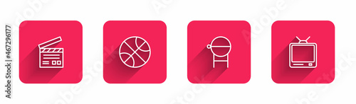 Set line Movie clapper, Basketball ball, Barbecue grill and Retro tv with long shadow. Red square button. Vector