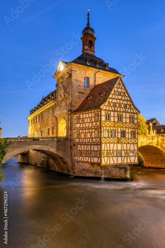 The beuatiful half-timbered Old Town Hall of Bamberg in Germany at dawn