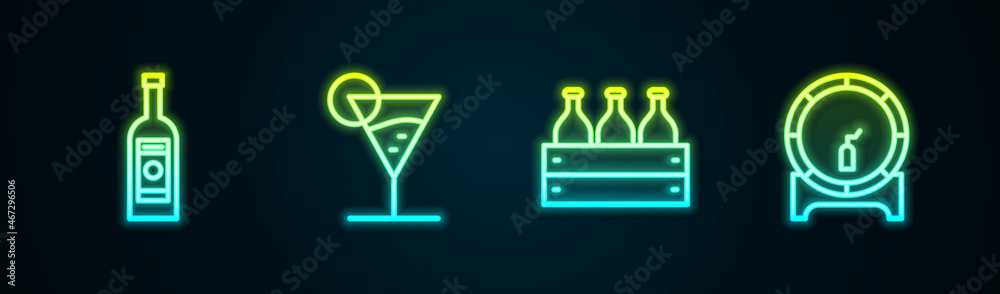 Set line Glass bottle of vodka, Martini glass, Bottles wine wooden box and Wooden barrel on rack. Glowing neon icon. Vector Set line Glass bottle of vodka, Martini glass, Bottles wine wooden box and Wooden barrel on rack. Glowing neon icon. Vector