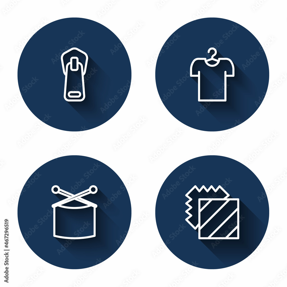 Set line Zipper, T-shirt on hanger, Knitting needles and Layers clothing textile with long shadow. Blue circle button. Vector Set line Zipper, T-shirt on hanger, Knitting needles and Layers clothing textile with long shadow. Blue circle button. Vector