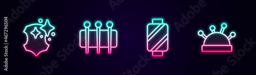 Set line Leather, Needle for sewing, Sewing thread on spool and bed and needles. Glowing neon icon. Vector