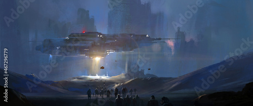 Fototapeta Naklejka Na Ścianę i Meble -  Earthlings preparing to board a spaceship to escape, 3D illustration