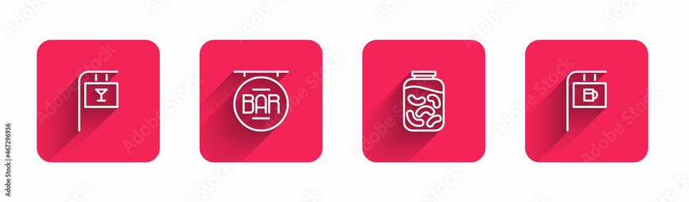 Set line Street signboard with Bar, , Pickled cucumbers in jar and with long shadow. Red square button. Vector Set line Street signboard with Bar, , Pickled cucumbers in jar and with long shadow. Red square button. Vector