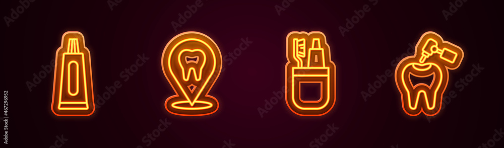 Set line Tube of toothpaste, Dental clinic location, Toothbrush and and with caries drill. Glowing neon icon. Vector Set line Tube of toothpaste, Dental clinic location, Toothbrush and and with caries drill. Glowing neon icon. Vector