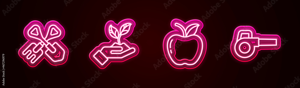 Set line Shovel and rake, Plant in hand of environmental, Apple and Leaf garden blower. Glowing neon icon. Vector Set line Shovel and rake, Plant in hand of environmental, Apple and Leaf garden blower. Glowing neon icon. Vector