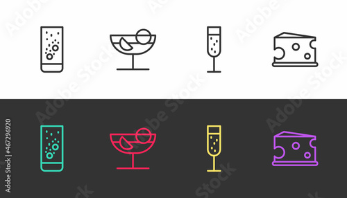 Set line Effervescent tablets in water, Cocktail, Glass of champagne and Cheese on black and white. Vector