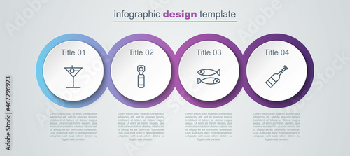 Set line Martini glass, Bottle opener, Dried fish and Opened bottle of wine. Business infographic template. Vector