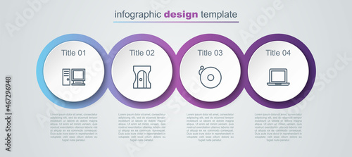 Set line Computer monitor, Pencil sharpener, Ringing alarm bell and Laptop. Business infographic template. Vector