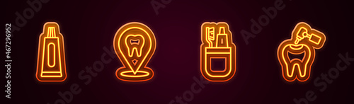 Set line Tube of toothpaste, Dental clinic location, Toothbrush and and with caries drill. Glowing neon icon. Vector
