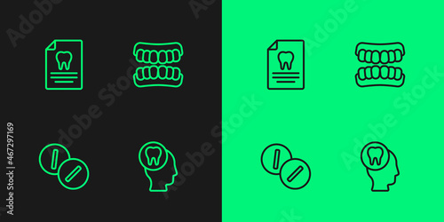 Set line Toothache, painkiller tablet, Clipboard with dental card and Dentures model icon. Vector