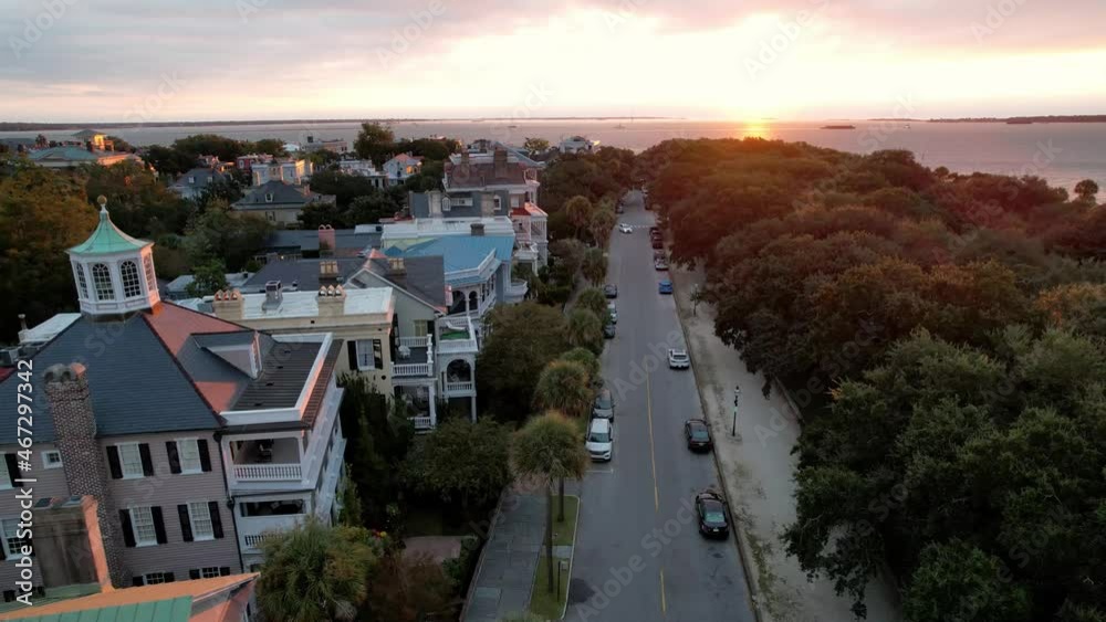 aerial pullout from sunrise to old homes along the battery in charleston sc, south carolina aerial pullout from sunrise to old homes along the battery in charleston sc, south carolina