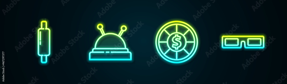 Set line Rolling pin, Needle bed and needles, Casino chips and Cinema glasses. Glowing neon icon. Vector Set line Rolling pin, Needle bed and needles, Casino chips and Cinema glasses. Glowing neon icon. Vector