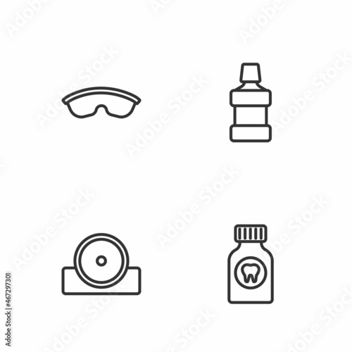 Set line Toothache painkiller tablet, Otolaryngological head reflector, Safety goggle glasses and Mouthwash icon. Vector