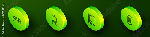 Set Isometric line Gamepad, Easel or painting art boards, Picture landscape and Sewing thread on spool icon. Vector