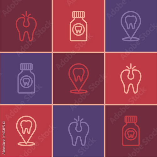 Set line Broken tooth, Dental clinic location and Toothache painkiller tablet icon. Vector