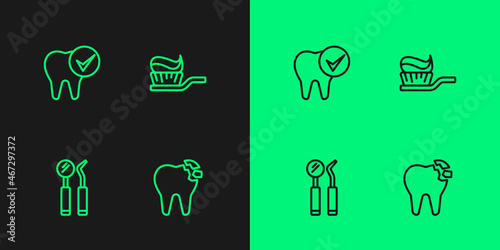 Set line Broken tooth, Dental mirror and probe, Tooth and Toothbrush with toothpaste icon. Vector