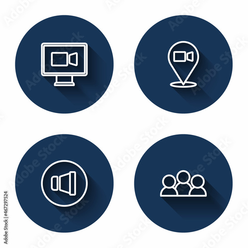 Set line Video chat conference, Speaker volume and Meeting with long shadow. Blue circle button. Vector