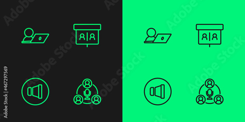 Set line Meeting, Speaker volume, Video chat conference and icon. Vector