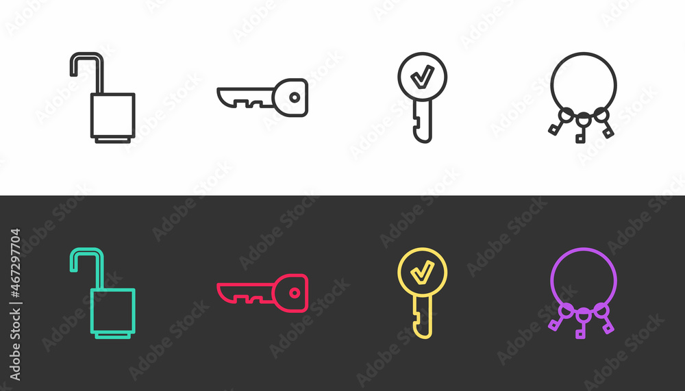 Set line Open padlock, Key, and Bunch of keys on black and white. Vector
