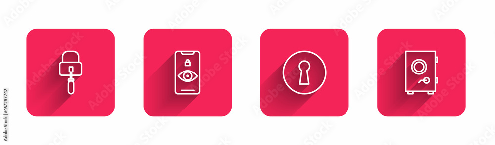 Set line Lock picks for lock picking, Eye scan, Keyhole and Safe with long shadow. Red square button. Vector Set line Lock picks for lock picking, Eye scan, Keyhole and Safe with long shadow. Red square button. Vector