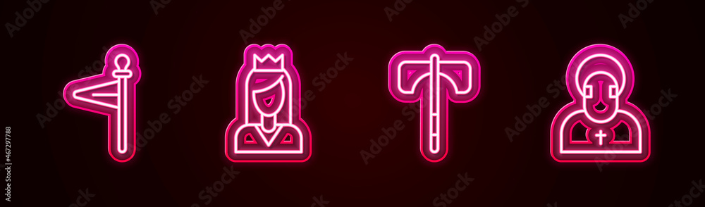 Set line Medieval flag, Princess, axe and Monk. Glowing neon icon. Vector Set line Medieval flag, Princess, axe and Monk. Glowing neon icon. Vector
