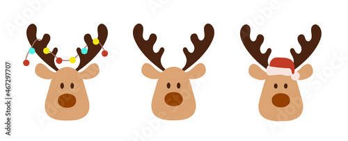 Set of cute reindeer head isolated on white background. Funny Simple flat vector illustration christmas reindeer in hat and garland with light bulbs photo