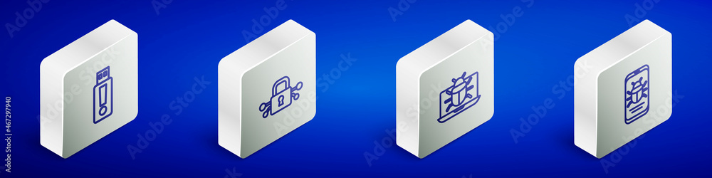Set Isometric line USB flash drive, Cyber security, System bug on monitor and mobile icon. Vector Set Isometric line USB flash drive, Cyber security, System bug on monitor and mobile icon. Vector