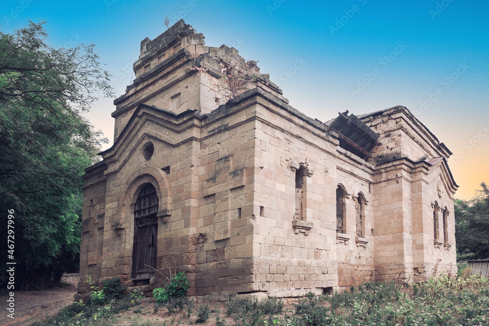 Old abandoned church . Ruins of church building , exterior view